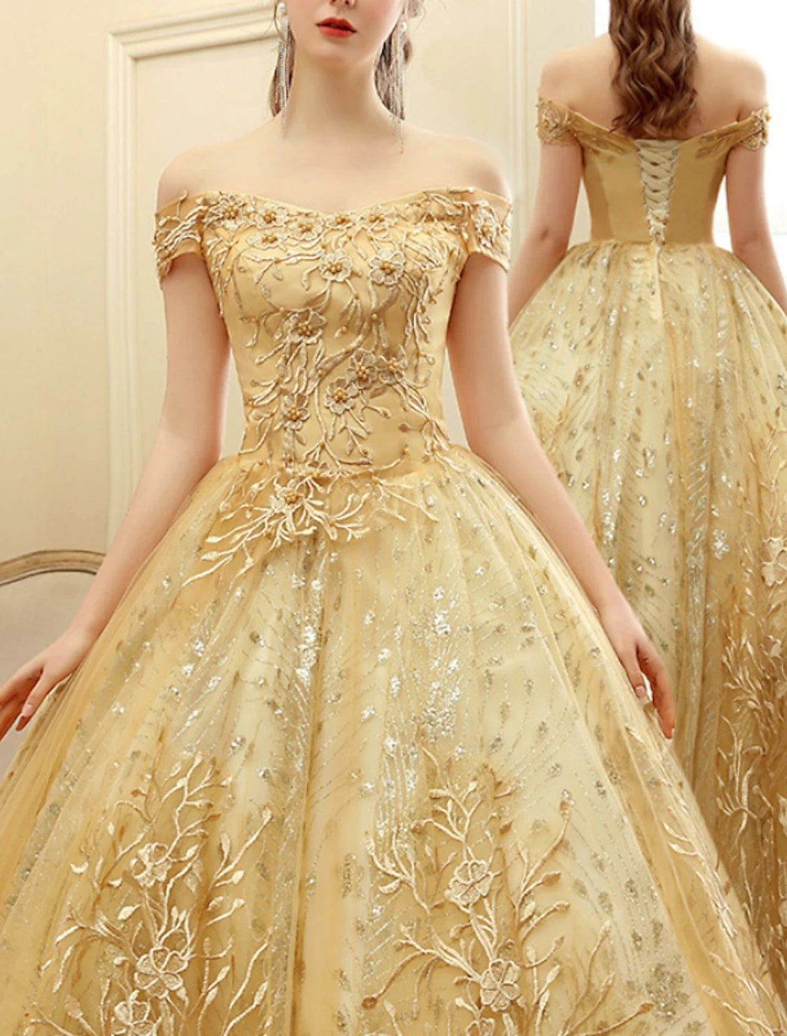 Full length view of A-line off-shoulder tulle formal dress.