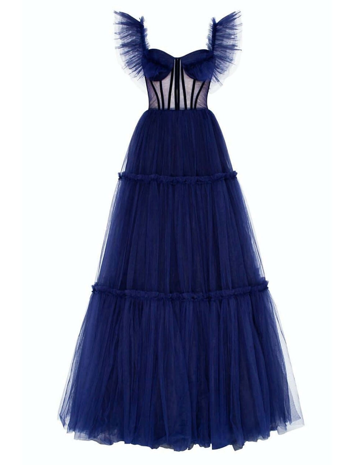 Elegant A-line off-shoulder tulle prom dress with short sleeves and pleats.