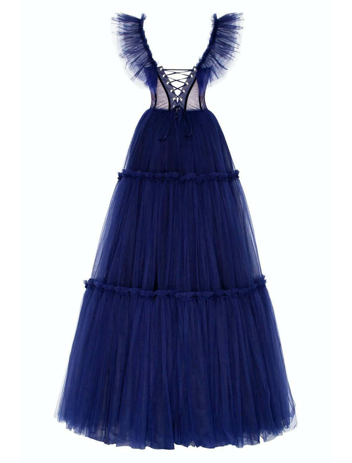 Back view of an A-line off-shoulder tulle dress, showing floor length and ruffles.