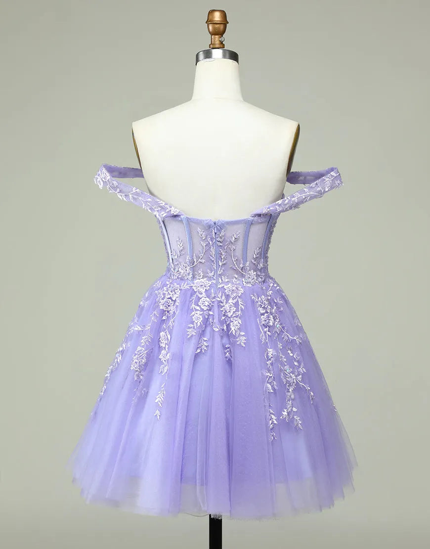 Back view of A-line off-shoulder short tulle dress with appliques.