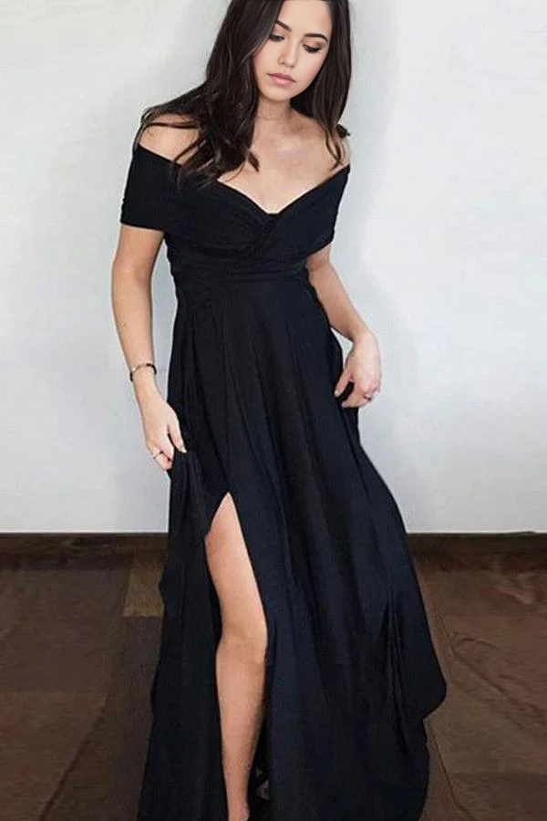 Elegant A-line off-shoulder black satin long prom dress with a side split.