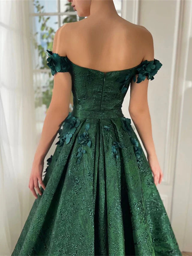 Elegant A-line off-shoulder sleeveless floor-length prom dress.