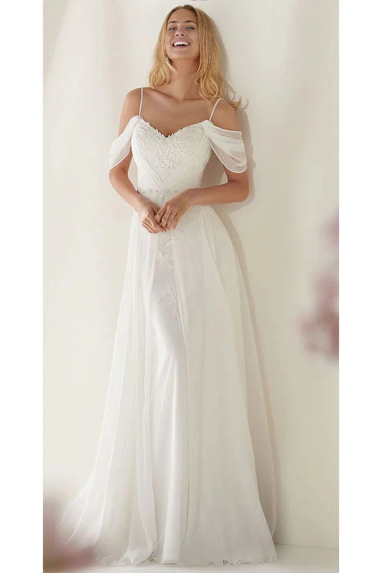 Elegant A-line wedding dress with off-shoulder spaghetti straps and a sweep train.