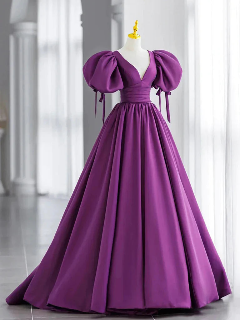 Elegant A-line off-shoulder satin long prom dress.