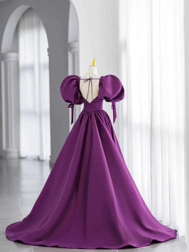 Full view of the A-line off-shoulder satin long prom dress.