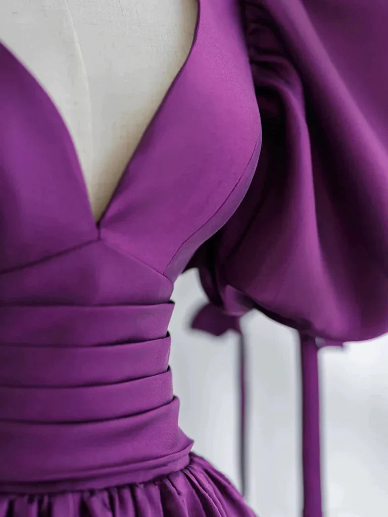 Side profile of the A-line off-shoulder satin long prom dress.