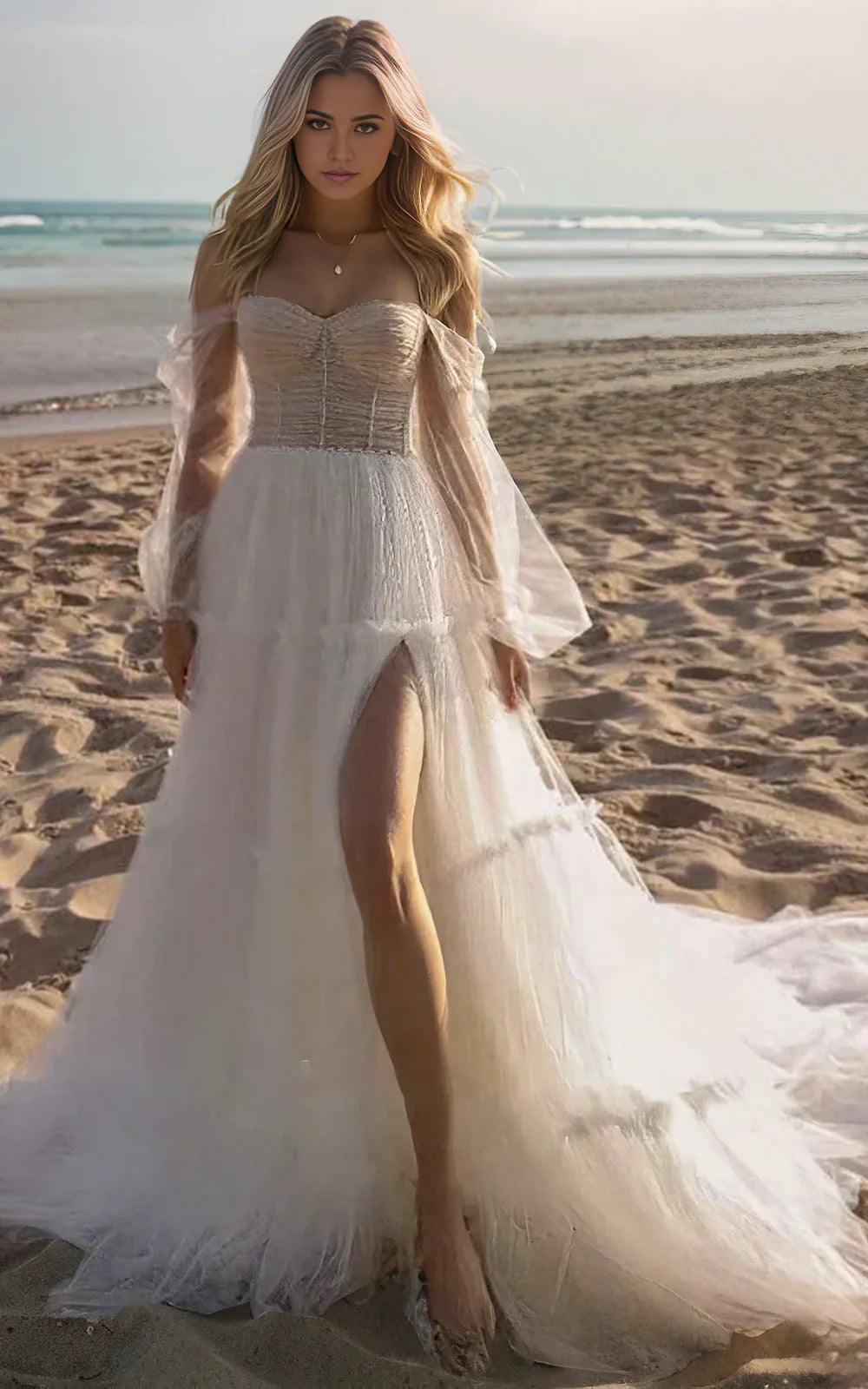 Model wearing an A-line off-shoulder sweetheart neck long sleeve wedding dress with flowing tulle and pleats.