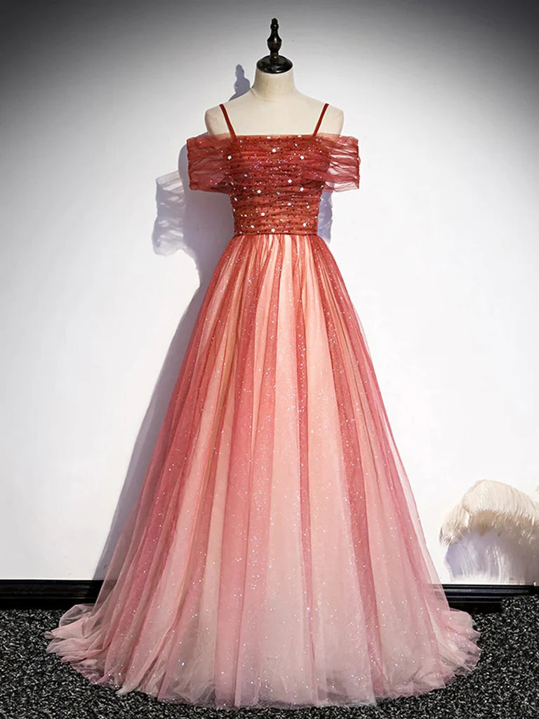 Elegant A-line off-shoulder tulle beaded long prom dress on a model.