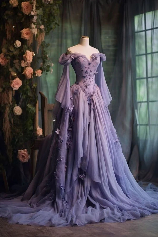 Elegant A-line off-shoulder prom dress with tulle floral details.