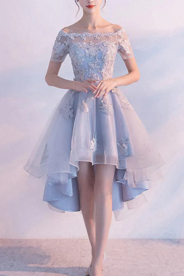 Elegant off-shoulder tulle high-low short homecoming dress.