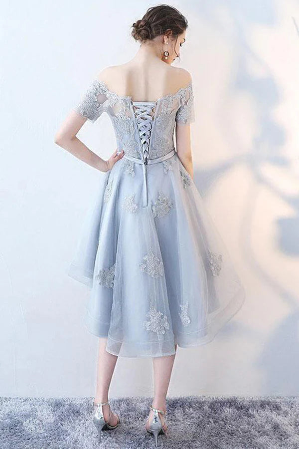 Back view of off-shoulder high-low tulle homecoming dress.