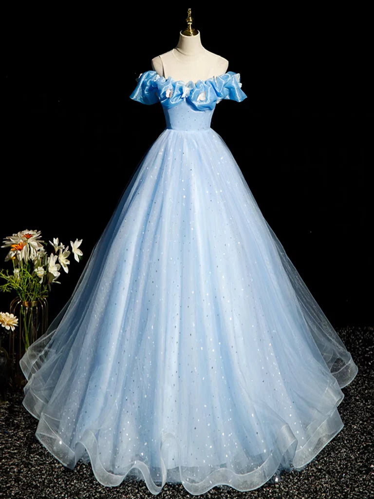 Elegant A-line off shoulder tulle long prom dress.