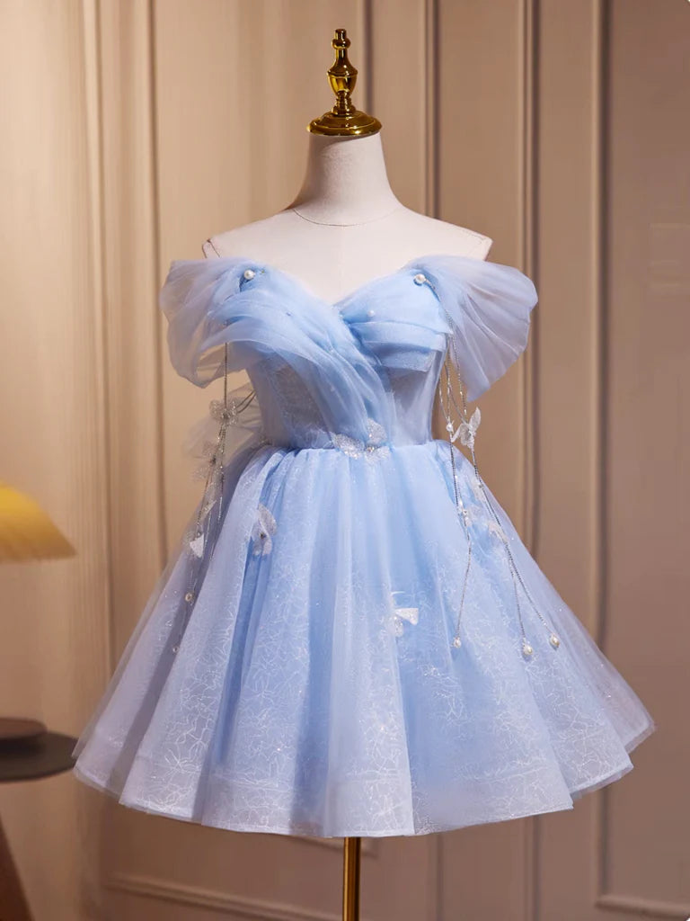 Elegant A-line off-shoulder tulle short prom dress on a model.
