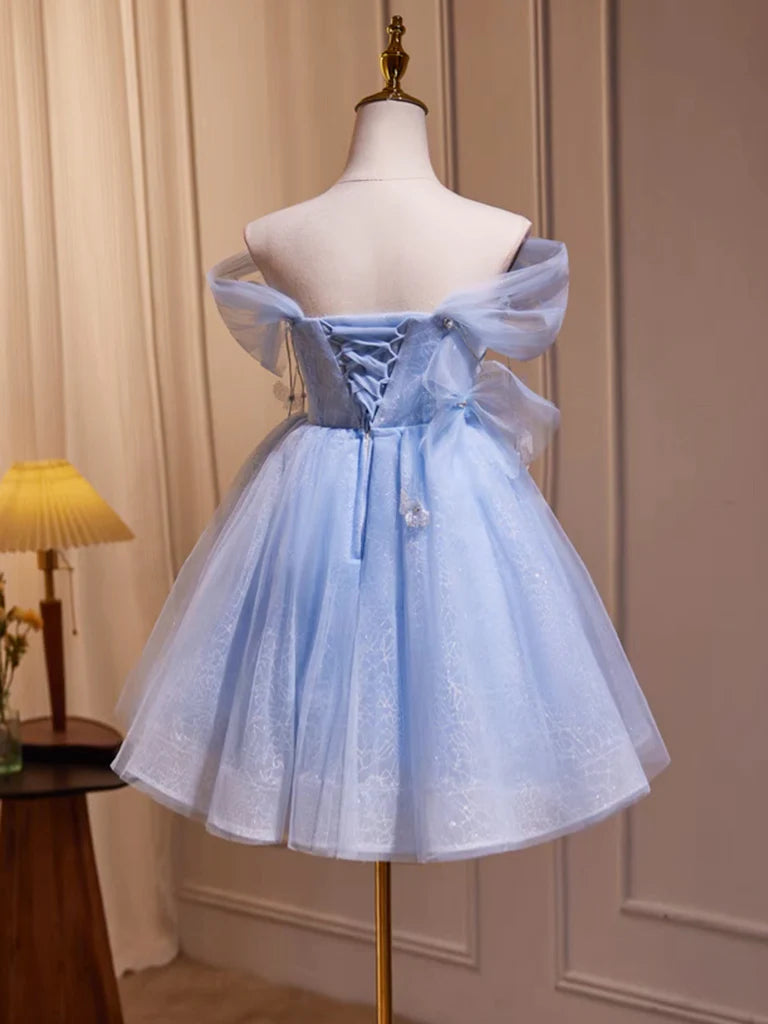 Back view of an A-line off-shoulder tulle short prom dress.