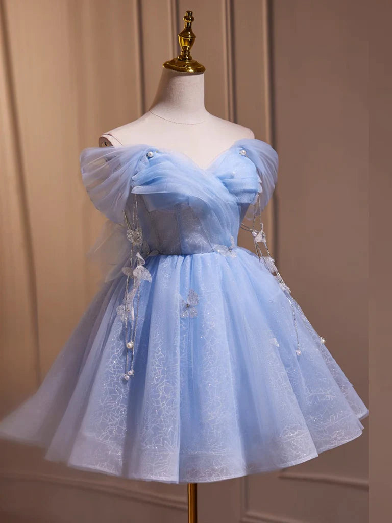 Full-length view of an A-line off-shoulder tulle short prom dress.