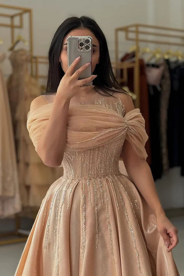 Elegant A-line off-shoulder V-neck beaded prom dress.