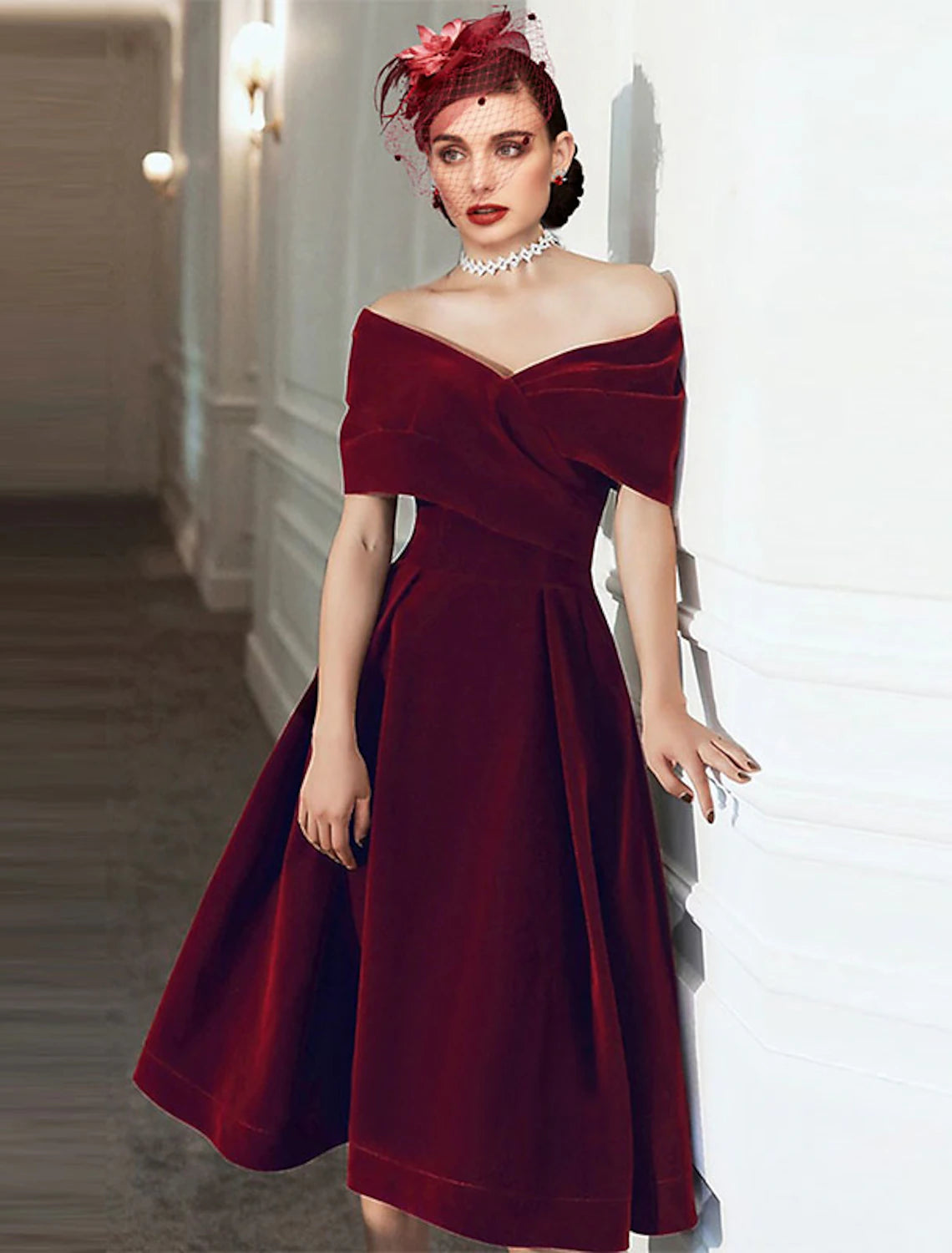 A-Line off-shoulder velvet cocktail dress with pleats, front view.