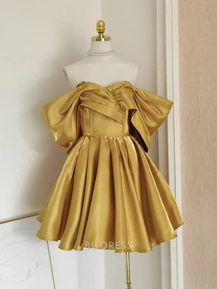 Elegant yellow satin A-line off-shoulder formal gown.