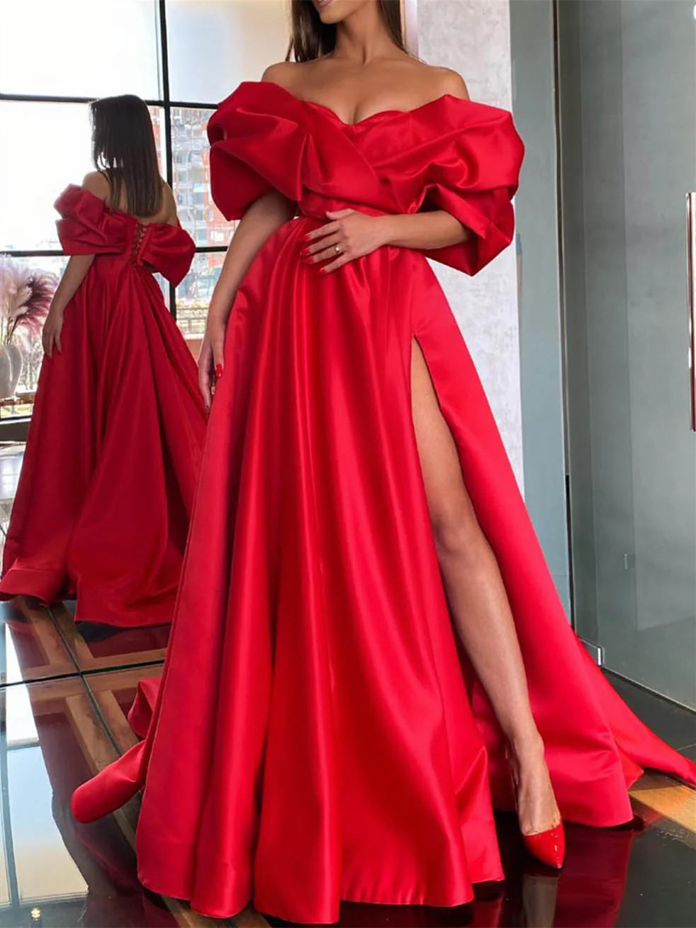 Elegant A-Line off-the-shoulder floor-length prom dress.