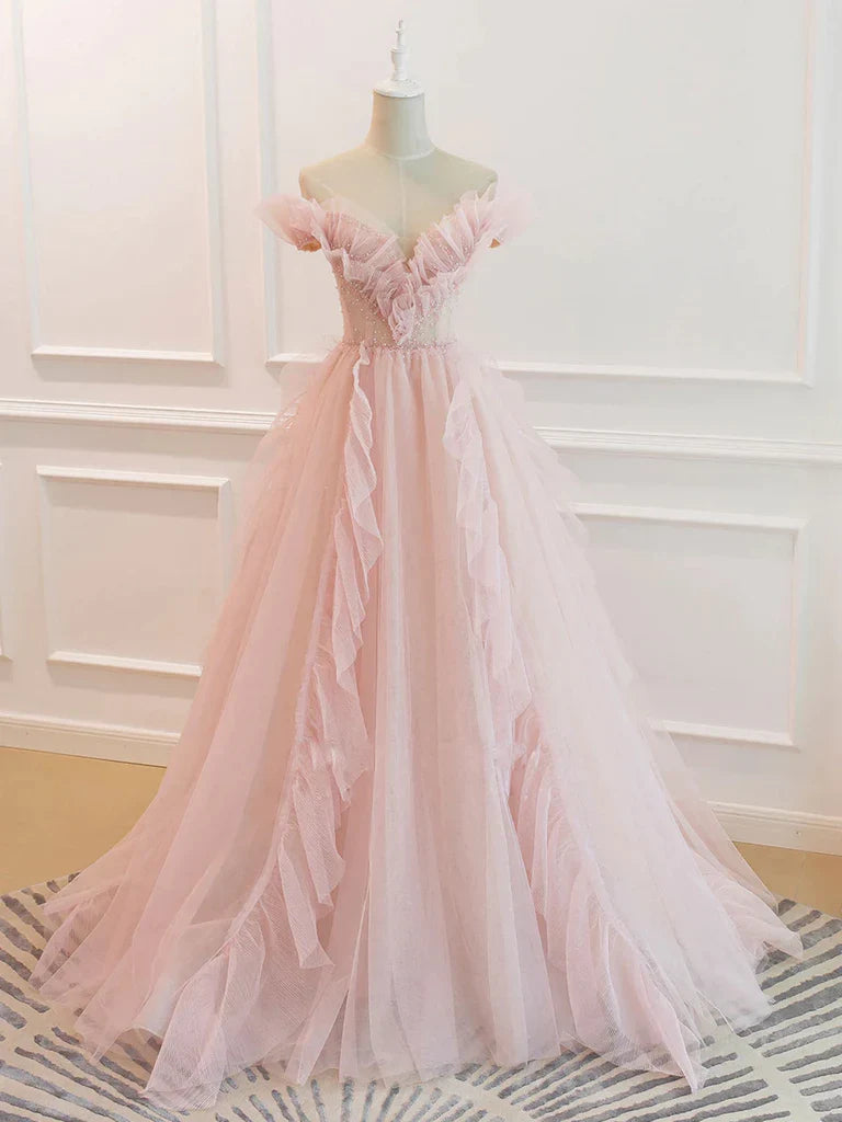 Elegant A-line off-the-shoulder tulle long prom dress.