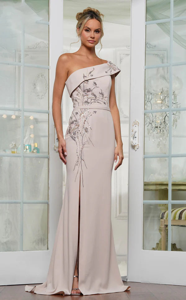 Side view of the long one-shoulder prom dress, highlighting the split.