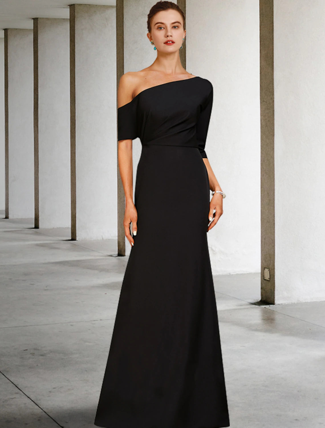 Elegant A-line one-shoulder charmeuse Mother of the Bride dress.