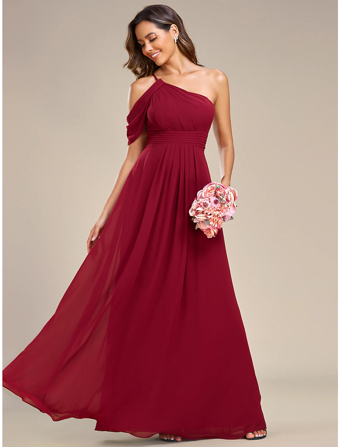 Elegant A-line one-shoulder chiffon dress with ruched slit, worn by a model posing gracefully.