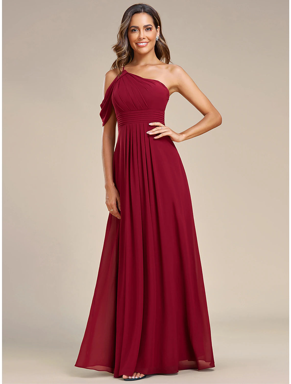 Full view of the A-line one-shoulder chiffon dress, emphasizing its elegant silhouette and formal appeal.