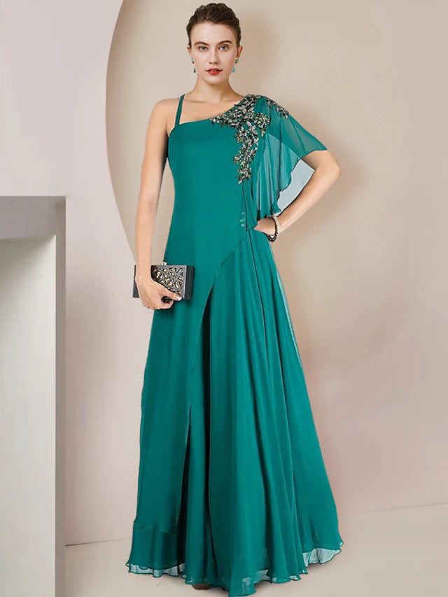 Elegant A-Line one-shoulder chiffon dress with pleats.