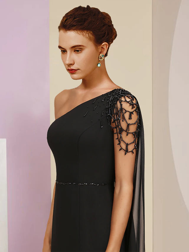 Back view of the A-line one-shoulder chiffon dress, showing floor length.