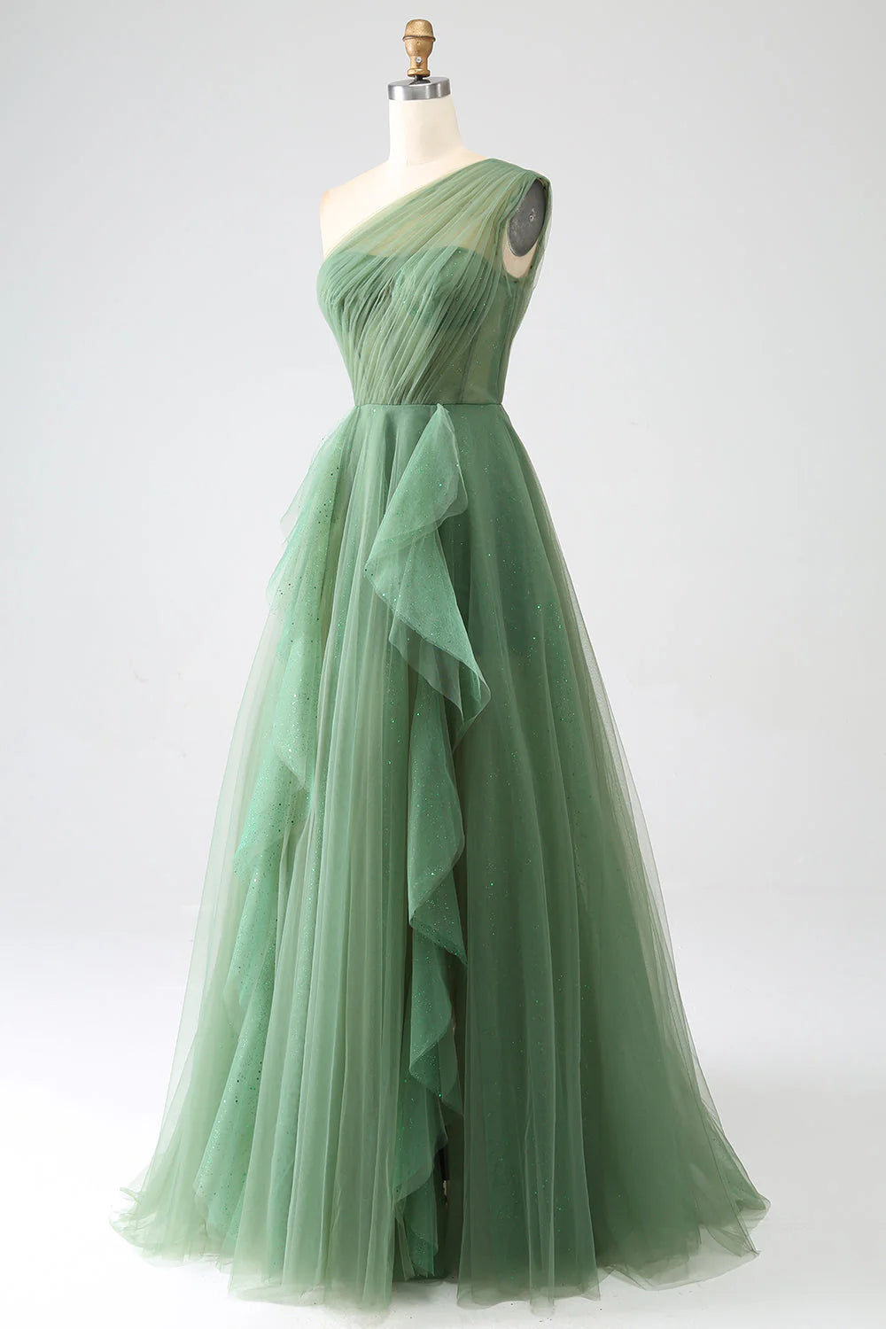 Model wearing a dark green A-line one-shoulder long prom dress.