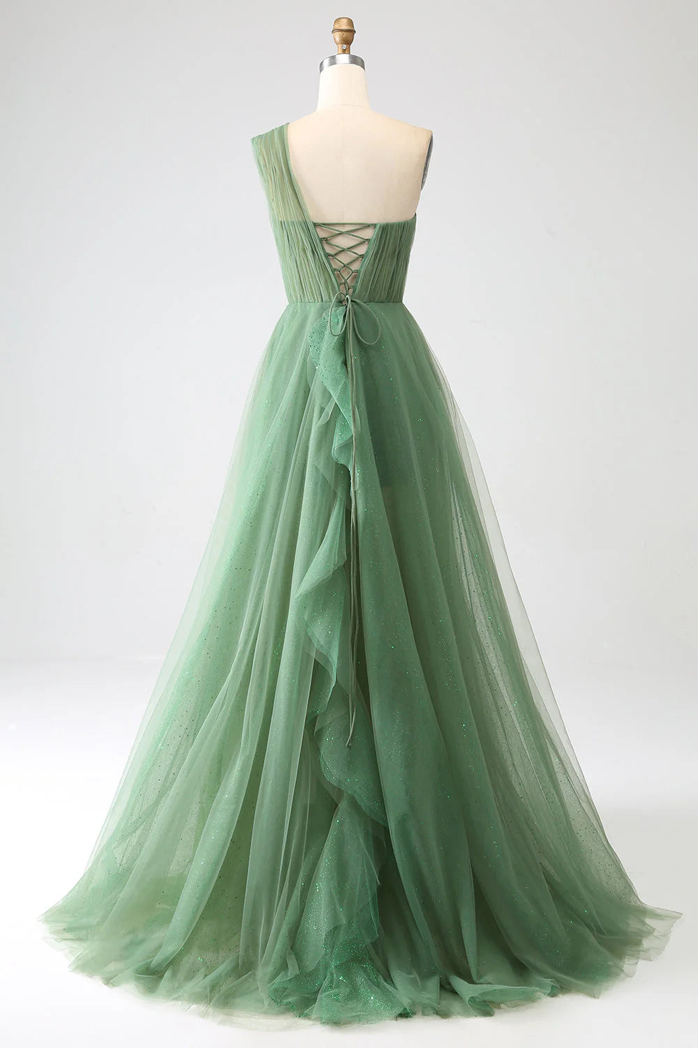 Back view of a model in a dark green A-line one-shoulder gown.