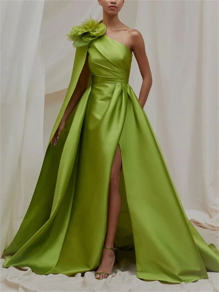 Elegant A-Line one shoulder evening gown with sweep train.