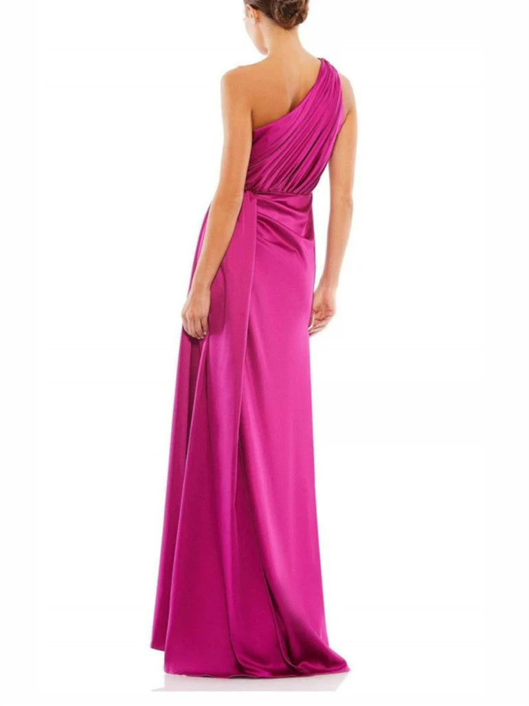 Woman wearing an elegant A-line one-shoulder floor-length evening gown, front view.