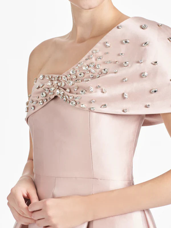 Front view of the A-Line one-shoulder wedding guest dress.