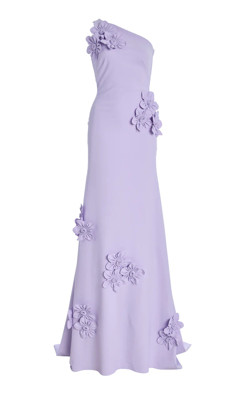 Model showcasing the elegant one-shoulder prom dress.