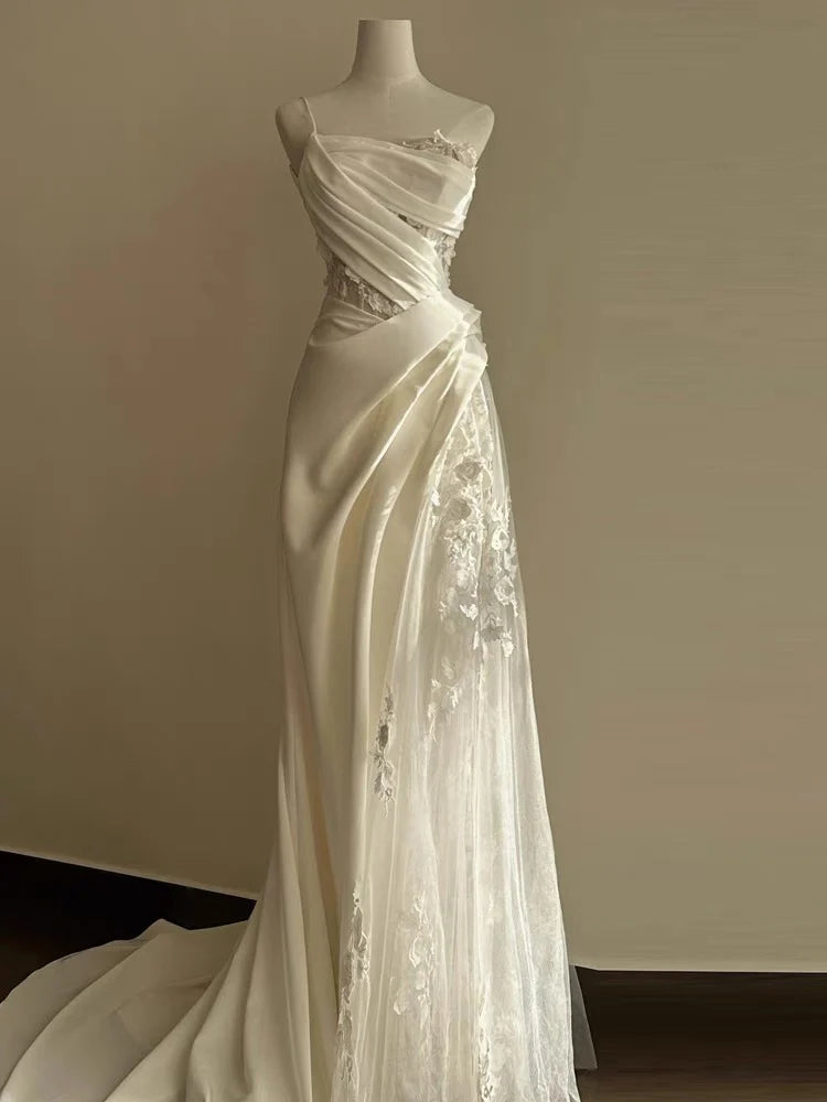 White A-line one-shoulder lace formal dress, full view.