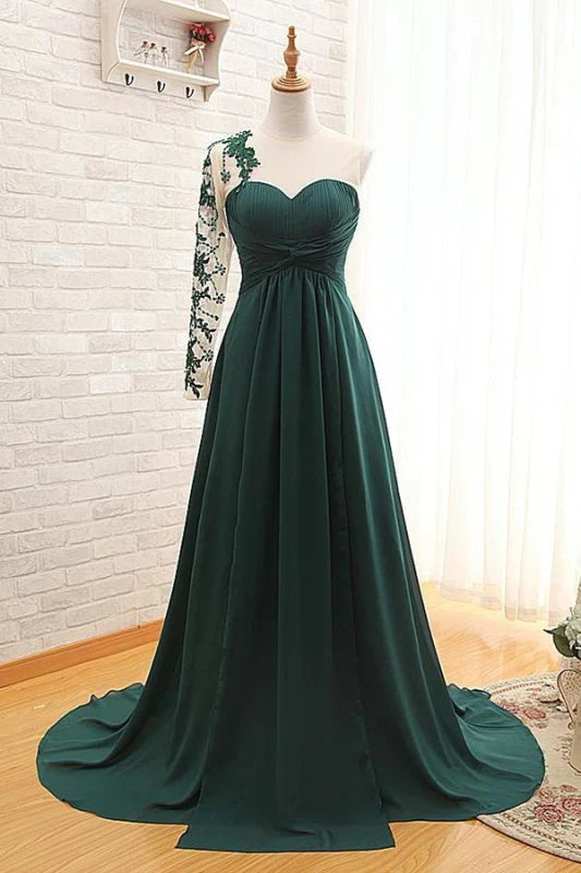 Elegant A-line one-shoulder long sleeve prom dress.