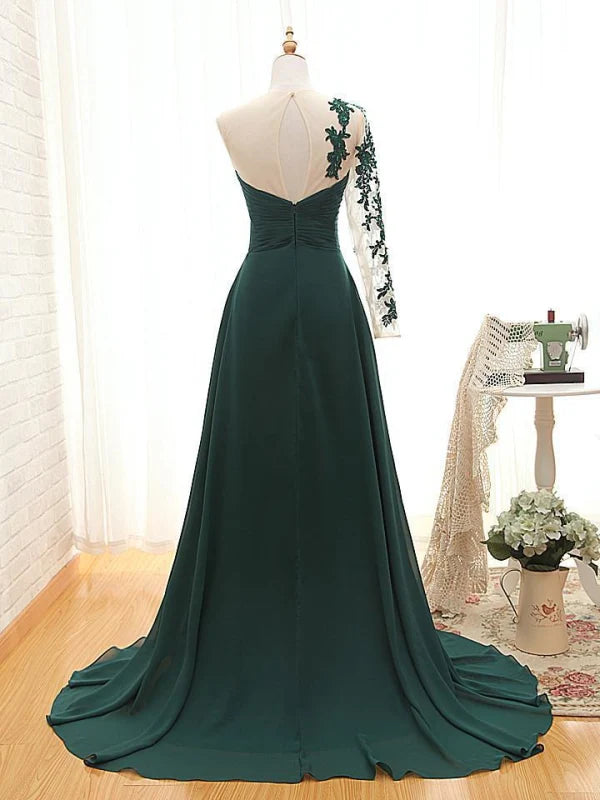 Back view of the A-line one-shoulder long sleeve formal dress.