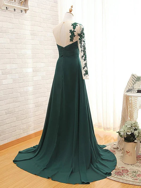 Full length view of the A-line long sleeve prom dress.