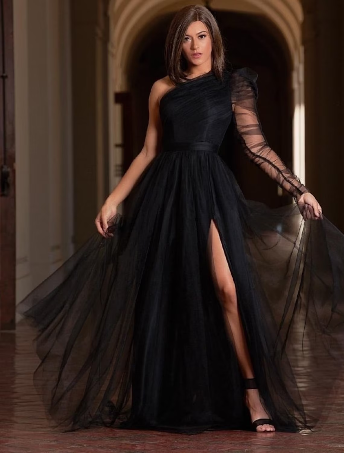 Elegant A-line one-shoulder long sleeve tulle prom dress with a high slit and sweep train.