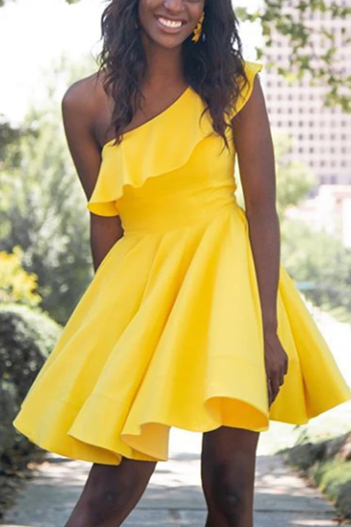 Model wearing a light blue one-shoulder A-line mini dress, perfect for prom or homecoming.