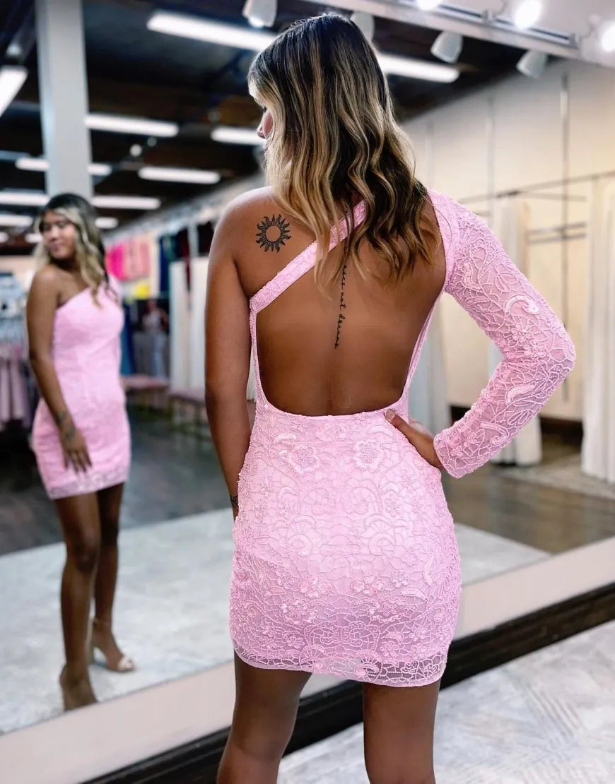 Pink one-shoulder lace homecoming dress with an open back, back view.
