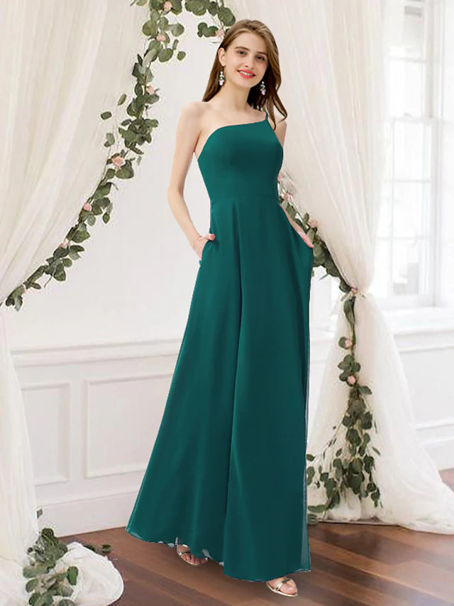 Elegant A-Line one-shoulder chiffon bridesmaid dress.