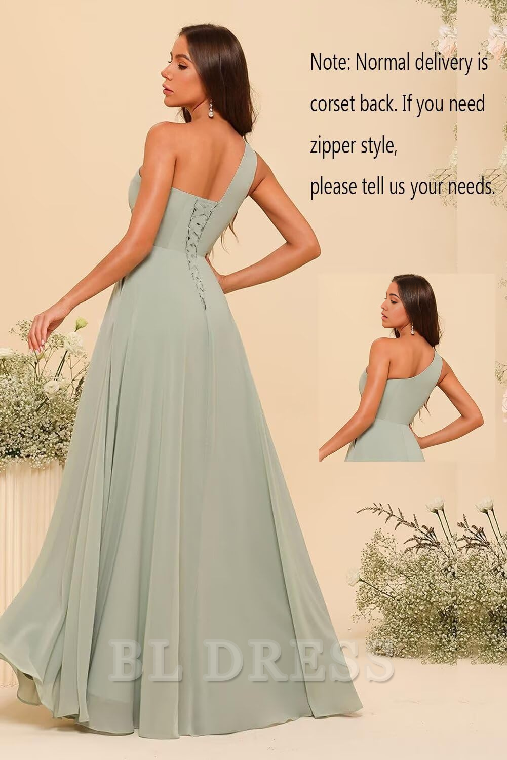 Side view of a woman wearing a flowing A-line one-shoulder chiffon dress.