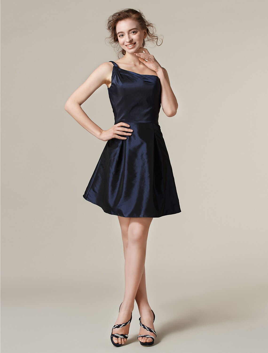 A-Line one-shoulder taffeta mini bridesmaid dress with elegant pleats.