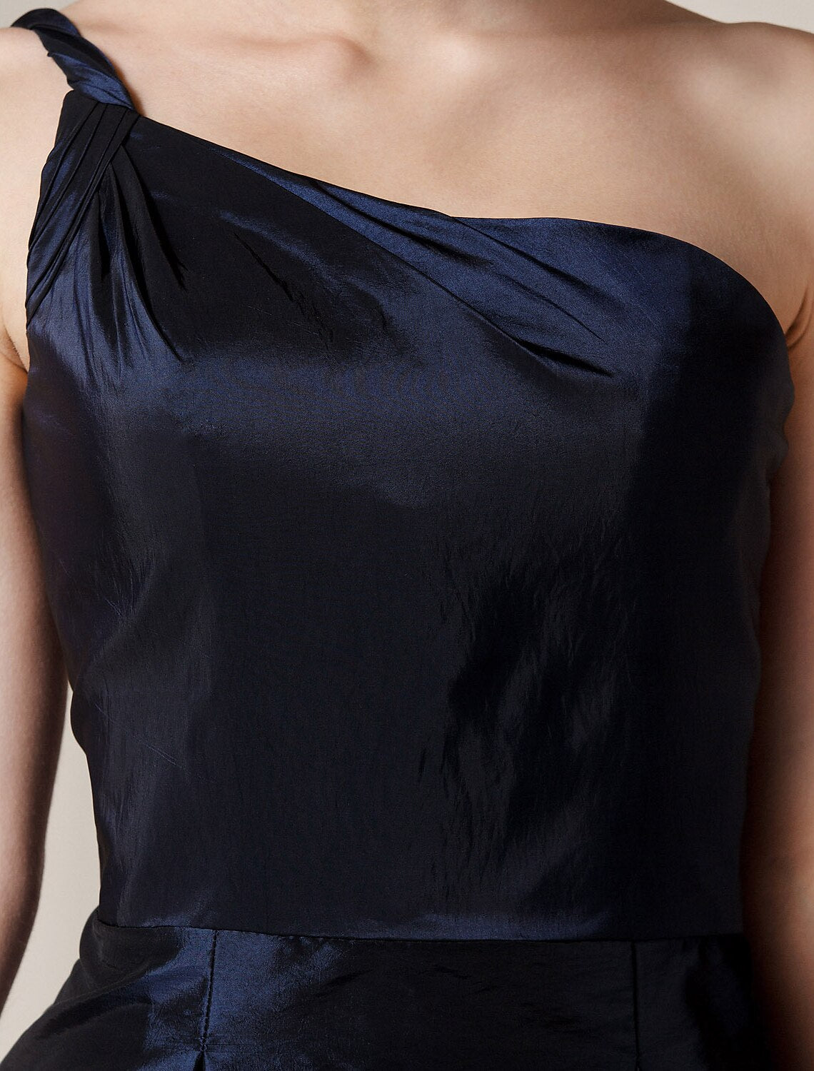 Model showcasing the A-Line one-shoulder taffeta mini dress.