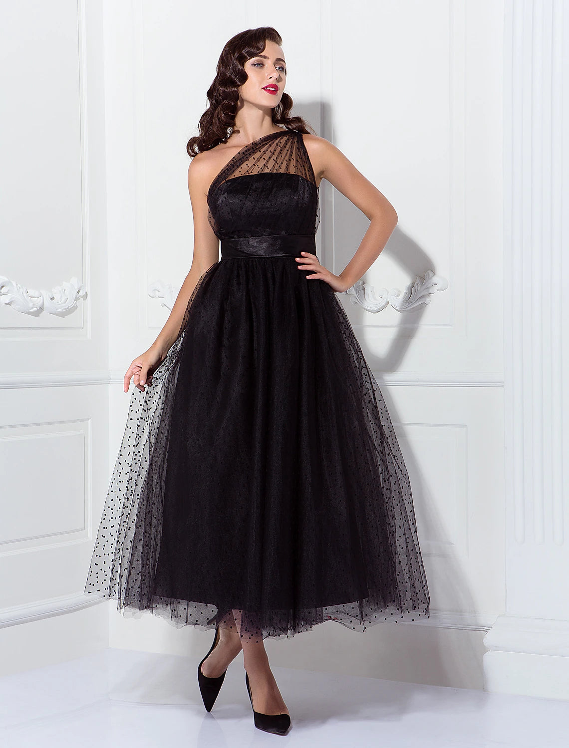 Elegant A-line one-shoulder tulle cocktail dress with pleats.