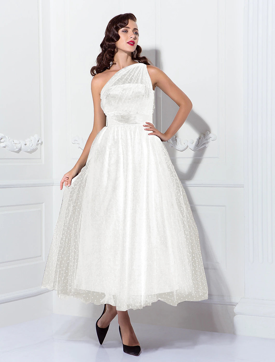 Side view of an elegant ankle-length one-shoulder dress.