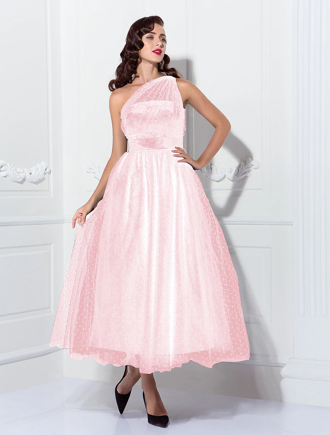 Back view of the pleated tulle A-line cocktail dress.